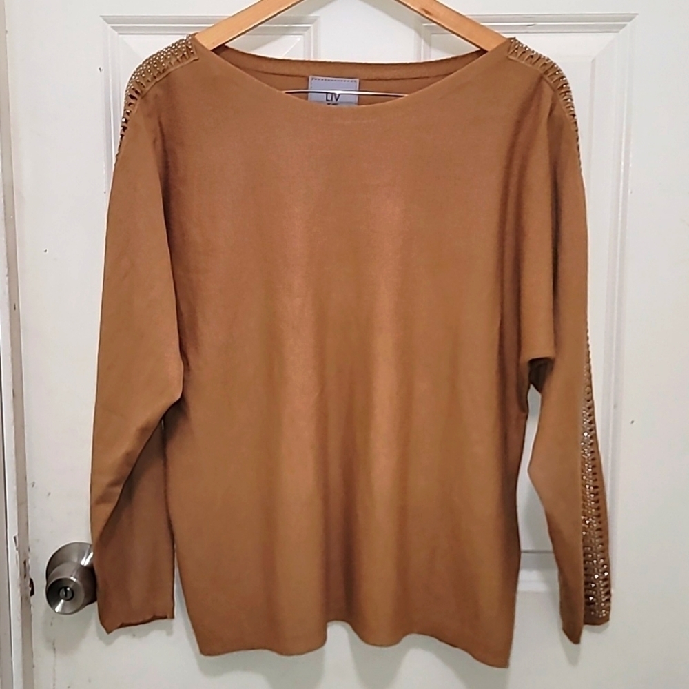 LIV Milano Sweater Women's L Tan Rhinestone Lattice Sleeve Boat‎ Neck Pullover